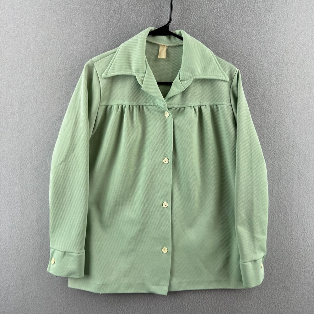 Vintage 70s Shirt Womens Medium Mint Green Polyester Dagger Collar Grandma